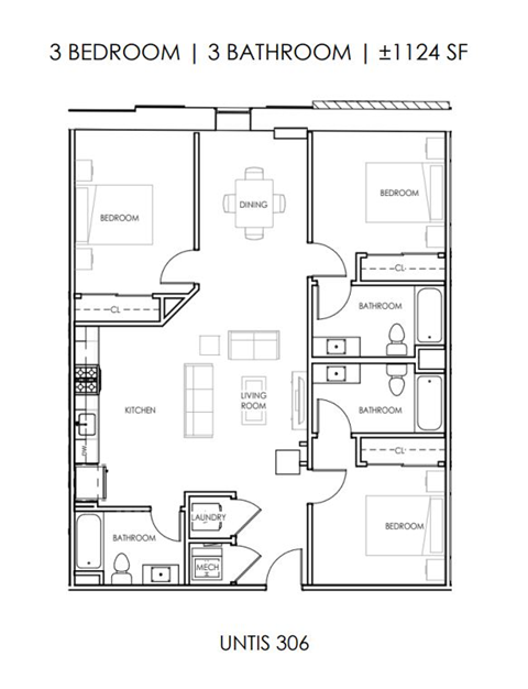 Floor plan for 3 beds, 3 baths, 1124 sqft